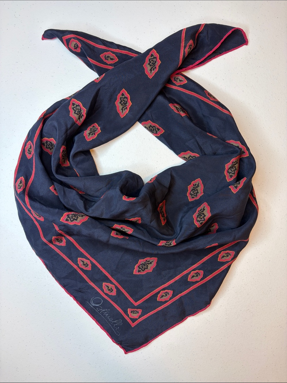 Vintage Ostinelli Silk Square Scarf Hand Rolled Navy Red Geometric 27x28”